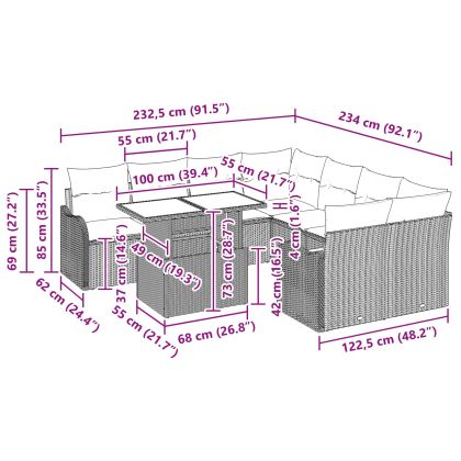 Градински Софа Комплект с възглавница 9 pcs Кафяво Полиратан