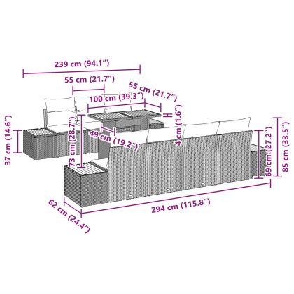 Градински Софа Комплект с възглавница 8 pcs Черно Полиратан