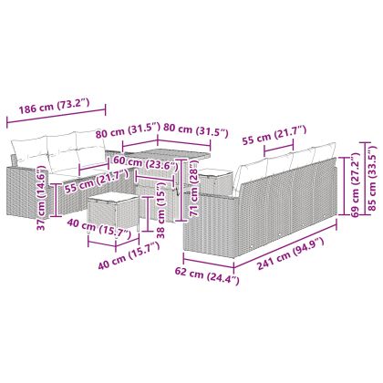 Градински Софа Комплект с възглавница 10 pcs Черно