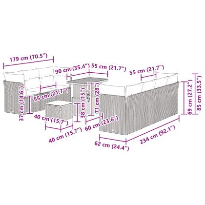 Градински Софа Комплект с възглавница 10 pcs Черно полиратан