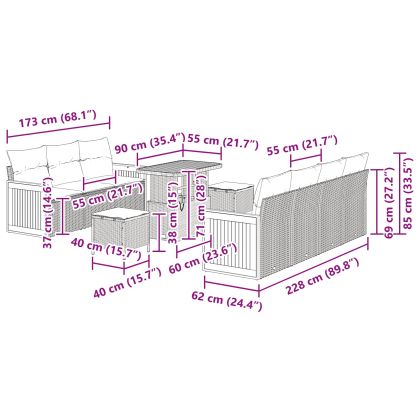 Градински Софа Комплект с възглавница 10 pcs Черно