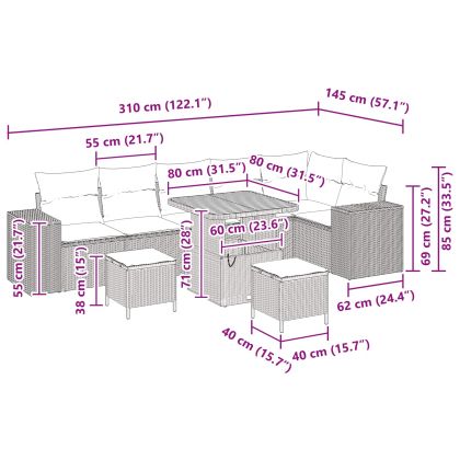Градински Софа Комплект с възглавница 9 pcs Черно полиратан