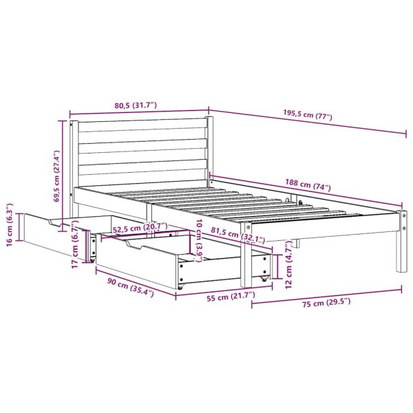 Рамка за легло без матрак, 75x190 см, масивна чамова дървесина