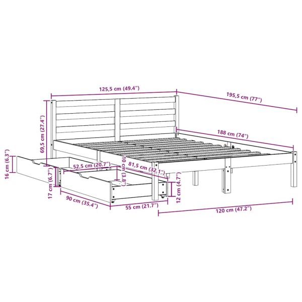 Рамка за легло без матрак, 120x190 см, масивна чамова дървесина