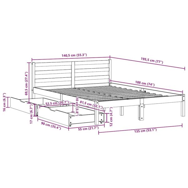 Рамка за легло без матрак, 135x190 см, масивна чамова дървесина