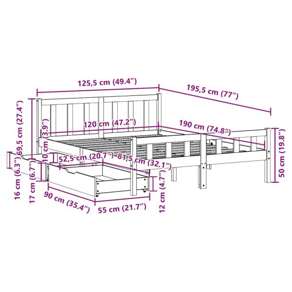 Рамка за легло без матрак, 120x190 см, масивна чамова дървесина