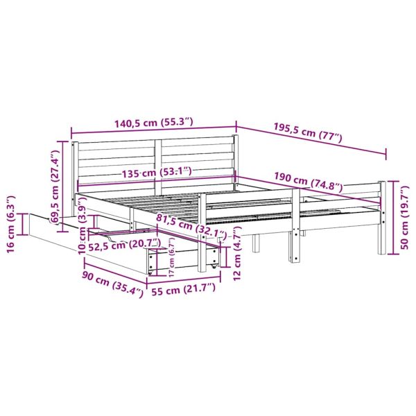 Рамка за легло без матрак, 135x190 см, масивна чамова дървесина