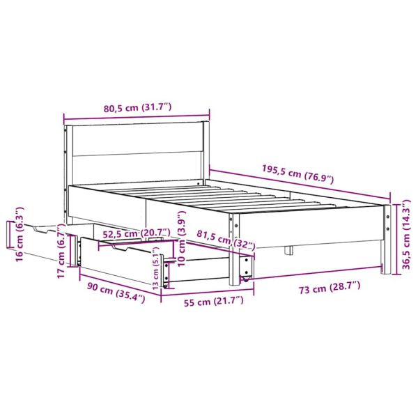Рамка за легло без матрак, 75x190 см, масивна чамова дървесина