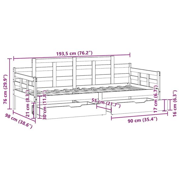 Дневно легло с чекмеджета, без матрак, 90x190 см, масивно дърво