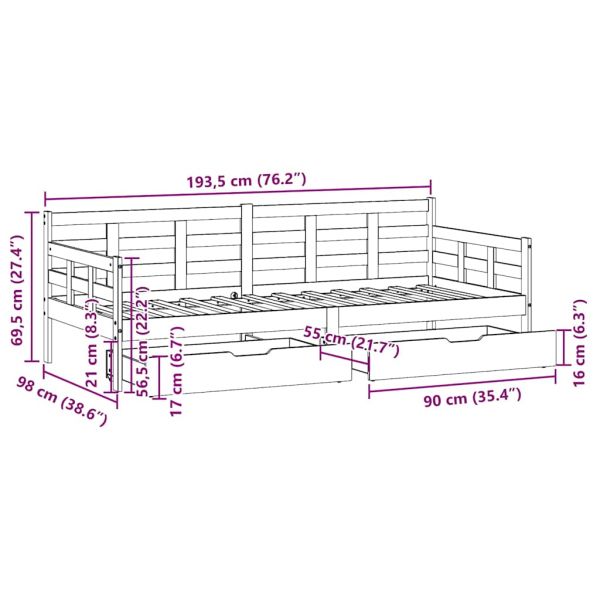 Дневно легло с чекмеджета, без матрак, 90x190 см, масивно дърво