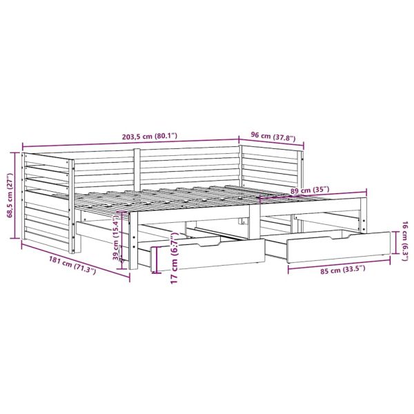 Легло с чекмеджета, без матрак, бяло, 90x200 см, масивно дърво