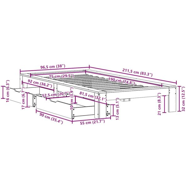 Рамка за легло без матрак, 75x190 см, масивна чамова дървесина