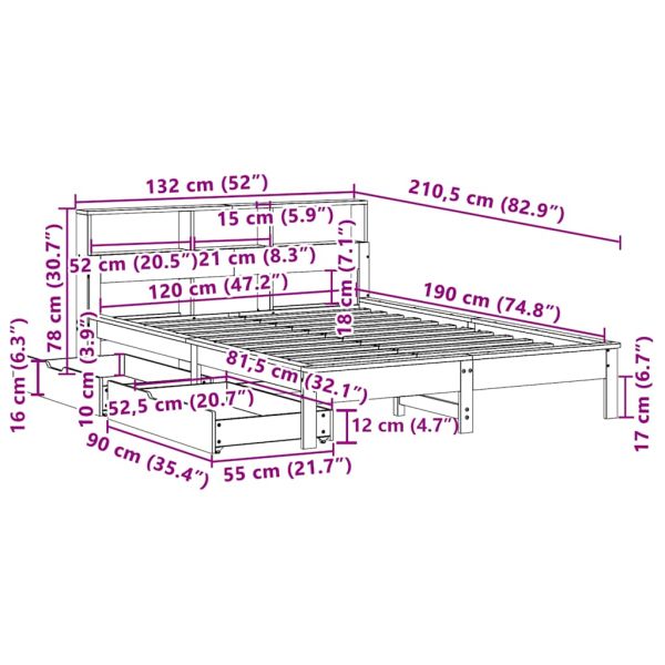 Легло с етажерка за книги, без матрак, 120x190 см, бор масив