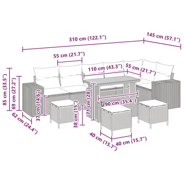 Градински Софа Комплект с възглавница 10 pcs Черно полиратан