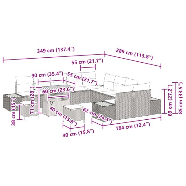 Градински Софа Комплект с възглавница 13 pcs Черно Полиратан