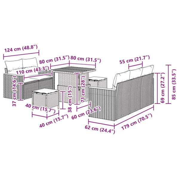 Градински Софа Комплект с възглавница 8 pcs Черно Полиратан