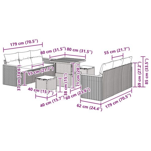 Градински Софа Комплект с възглавница 9 pcs Черно Полиратан