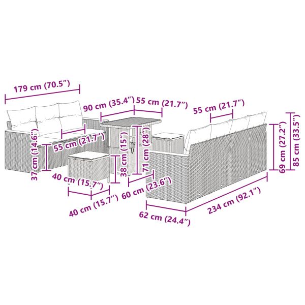 Градински Софа Комплект с възглавница 10 pcs Черно Полиратан