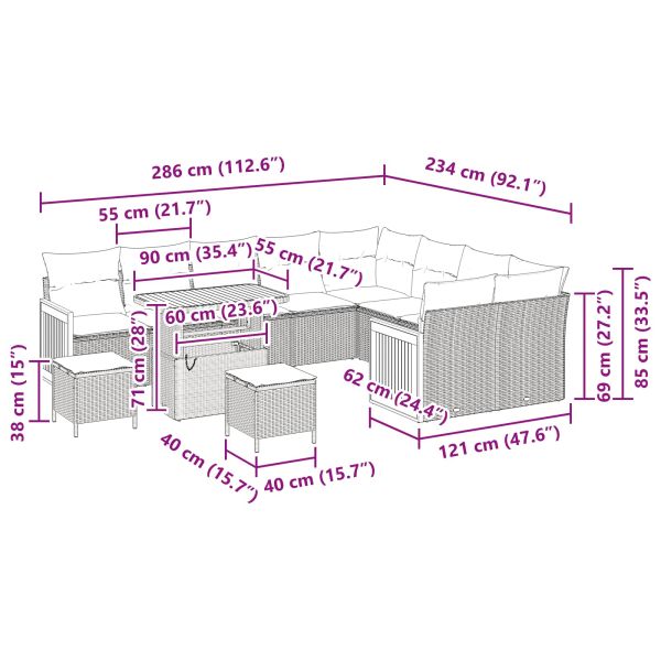 Градински Софа Комплект с възглавница 13 pcs Черно полиратан