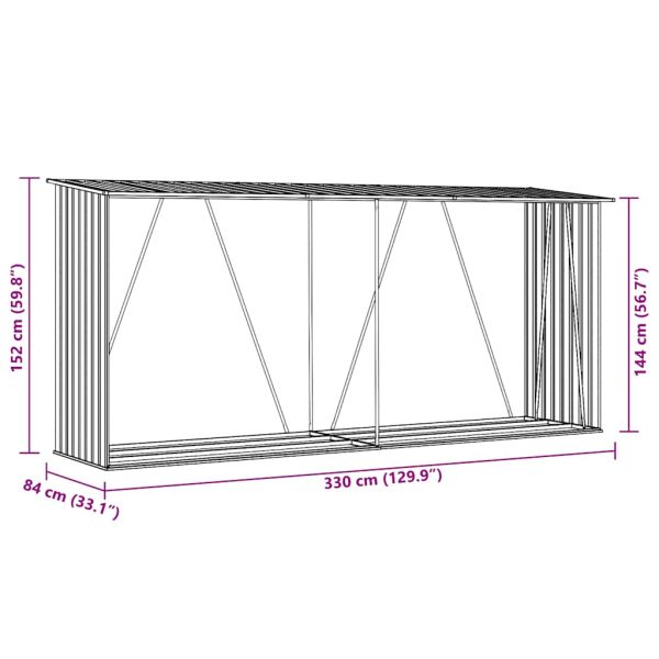 Навес за дърва, поцинкована стомана, 330x84x152 см, кафяв