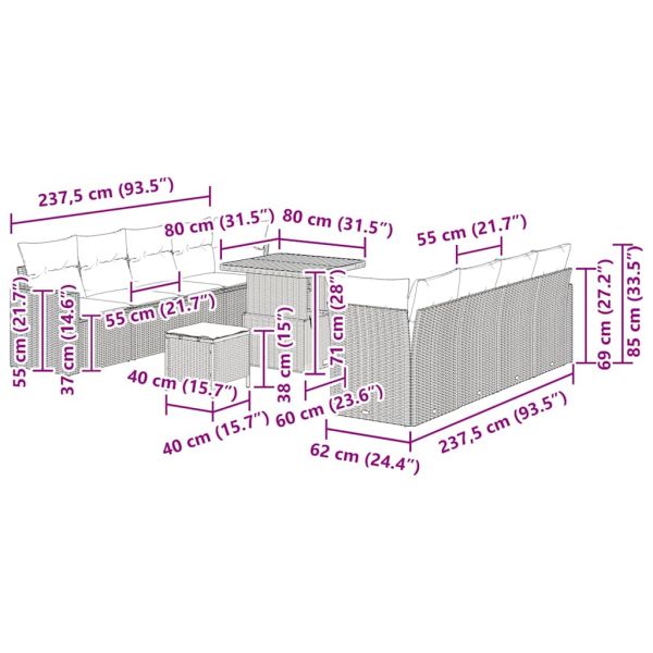Градински Софа Комплект 11 pcs Сив полиратан