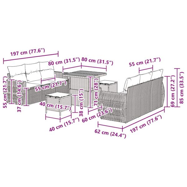 Градински Софа Комплект с възглавница 9 pcs Сив полиратан