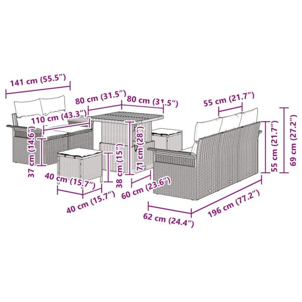 Градински Софа Комплект 8 pcs Сив полиратан
