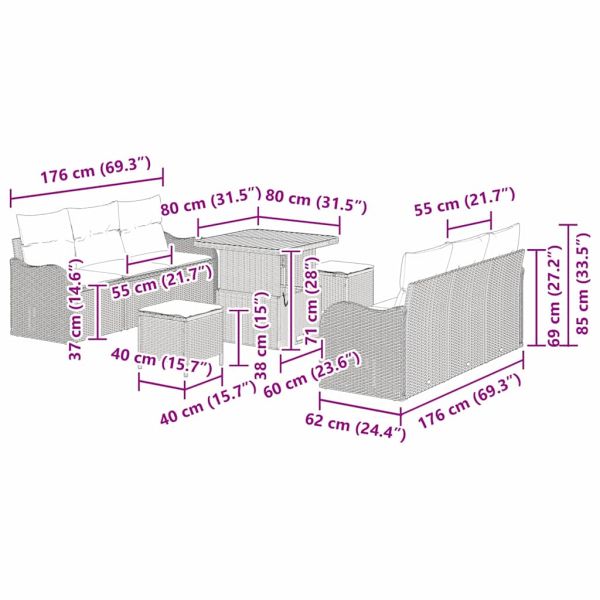 Градински Софа Комплект 9 pcs Сив полиратан