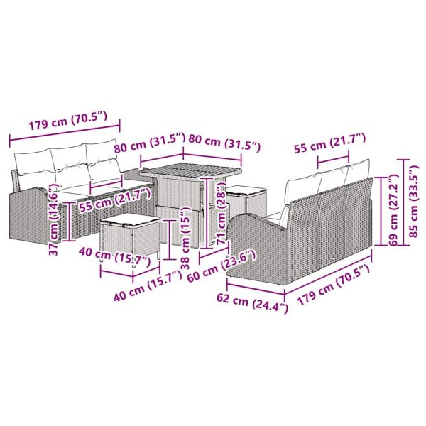 Градински Софа Комплект с възглавница 9 pcs Сив Полиратан