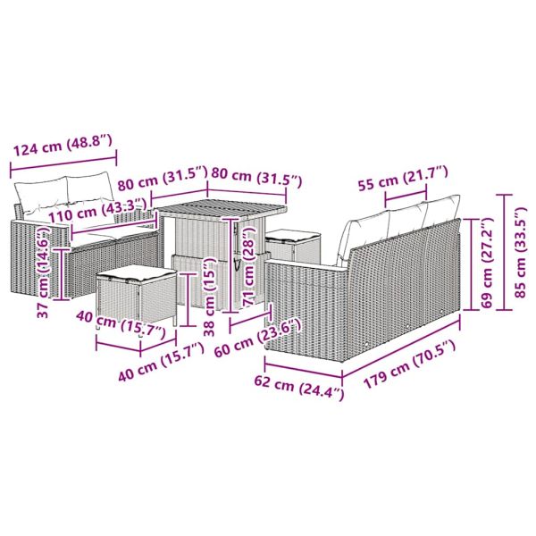 Градински Софа Комплект 8 pcs Сив полиратан