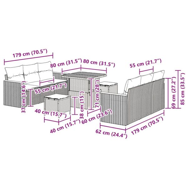 Градински Софа Комплект с възглавница 9 pcs Сив Полиратан