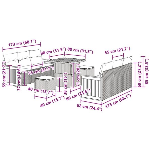 Градински Софа Комплект с възглавница 9 pcs Сив