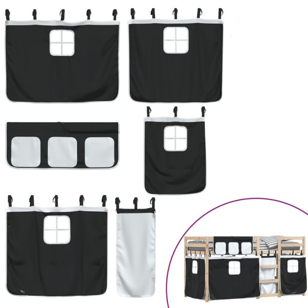 Двуетажно легло със завеси, бяло и черно, 90x200 см, бор масив