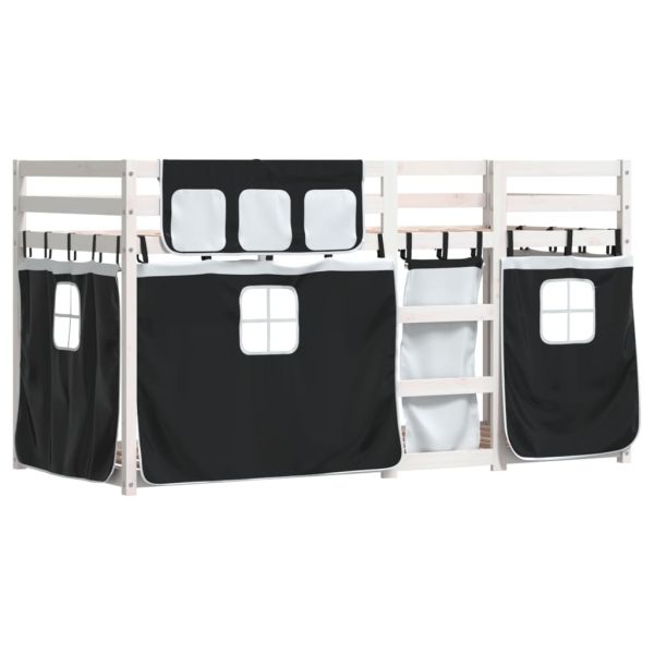 Двуетажно легло със завеси, бяло и черно, 90x200 см, бор масив