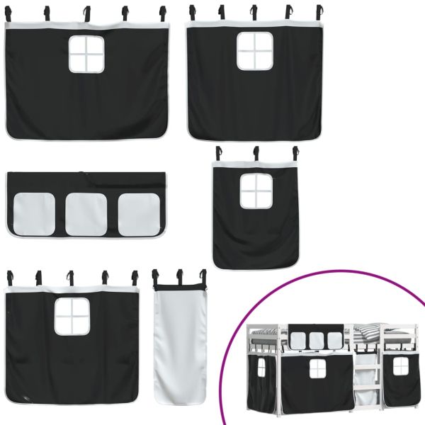 Двуетажно легло със завеси, бяло и черно, 90x200 см, бор масив