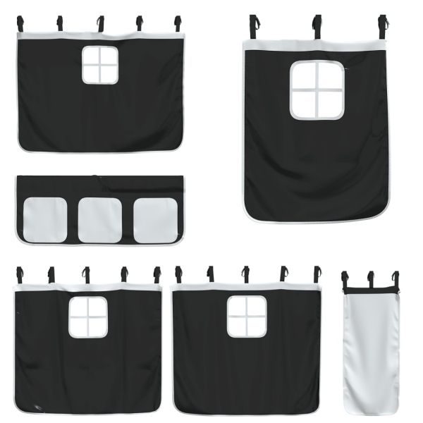 Двуетажно легло със завеси, бяло и черно, 90x190 см, бор масив