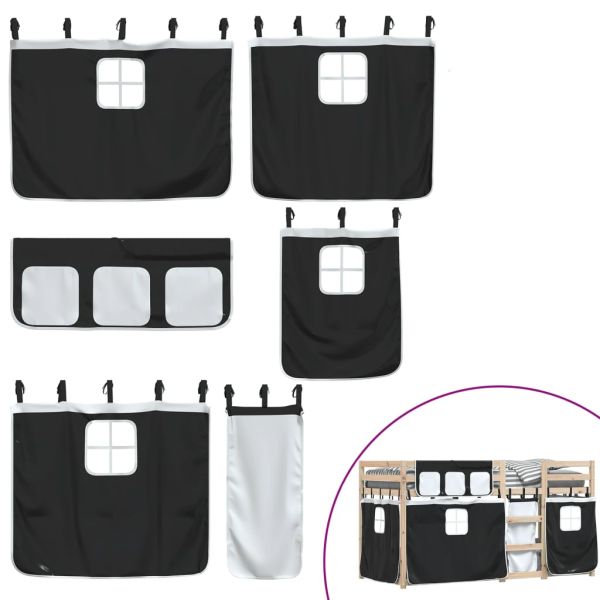 Двуетажно легло със завеси, бяло и черно, 90x190 см, бор масив