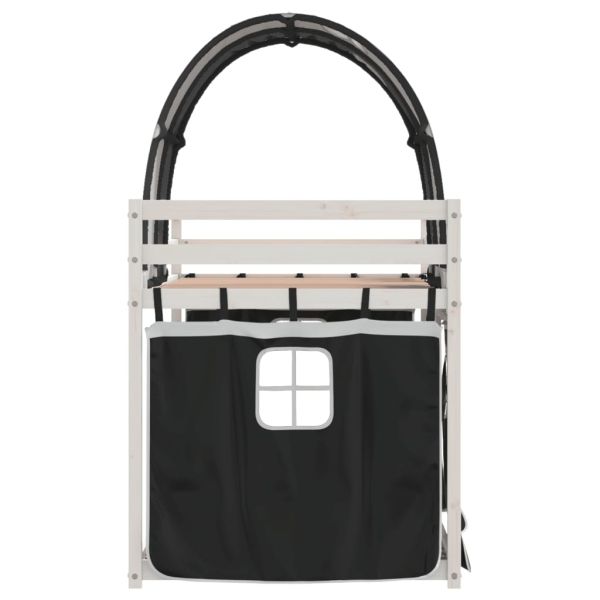 Двуетажно легло със завеси, бяло и черно, 90x200 см, бор масив