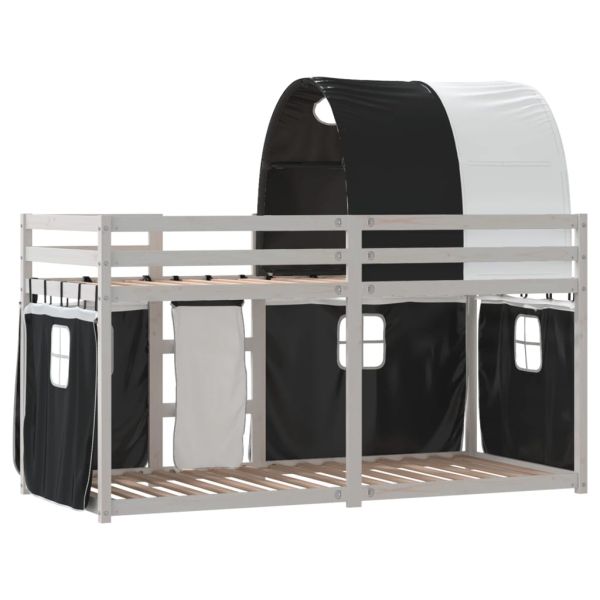 Двуетажно легло със завеси, бяло и черно, 90x200 см, бор масив