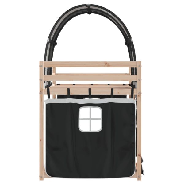 Двуетажно легло със завеси, бяло и черно, 90x190 см, бор масив