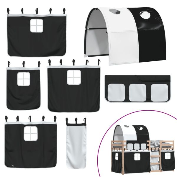 Двуетажно легло със завеси, бяло и черно, 90x190 см, бор масив