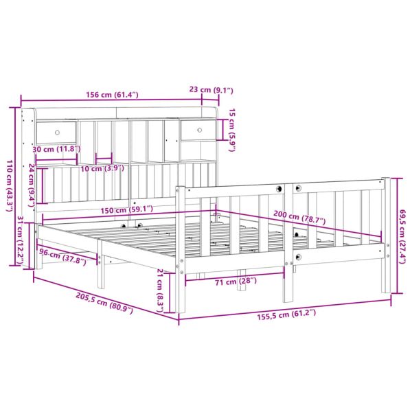 Легло с етажерка за книги, без матрак, 150x200 см, бор масив