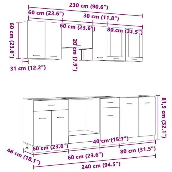 Комплект кухненски шкафове с чекмедже Lyon 8 pcs Сив Сонома