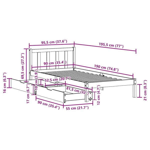 Рамка за легло без матрак, восъчнокафяв, 90x190 см, бор масив