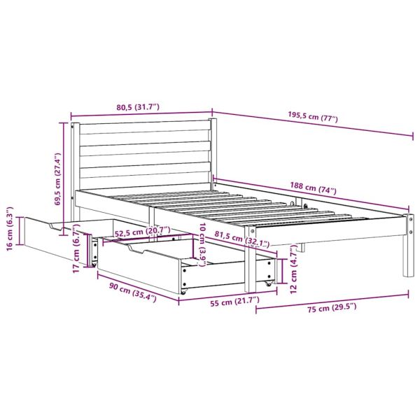 Рамка за легло без матрак, восъчнокафяв, 75x190 см, бор масив