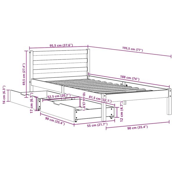 Рамка за легло без матрак, восъчнокафяв, 90x190 см, бор масив