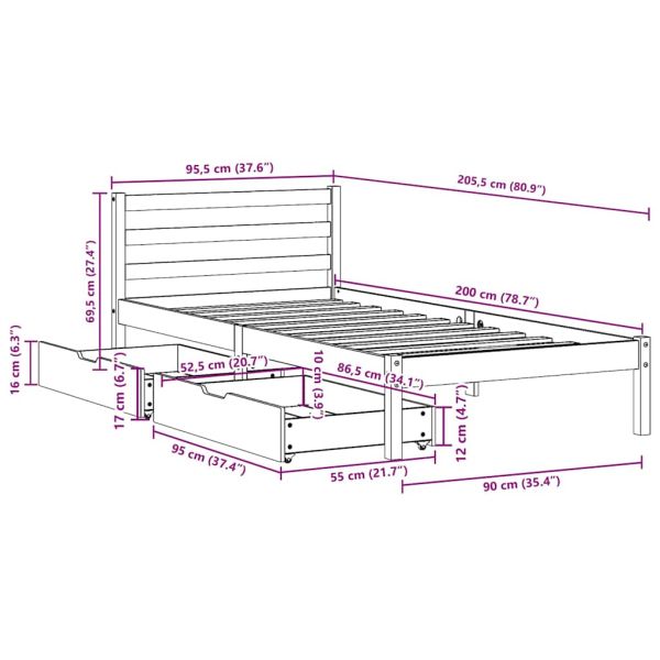 Рамка за легло без матрак, восъчнокафяво, 90x200 см, бор масив