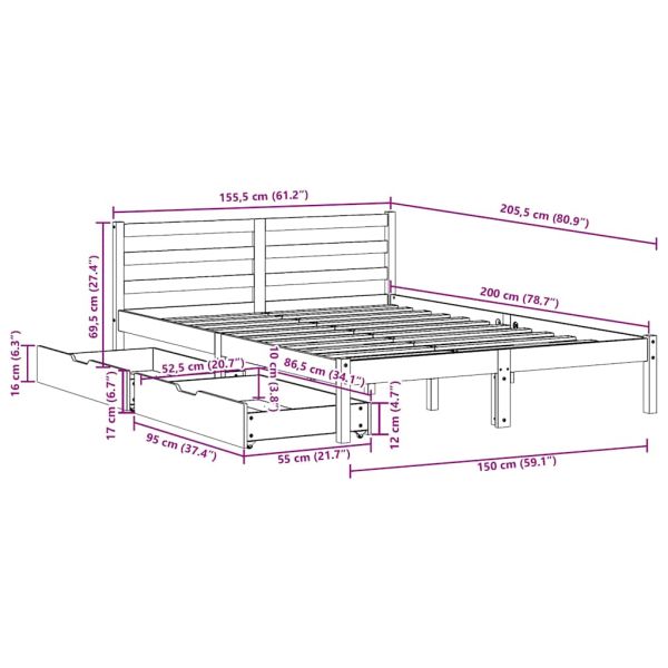 Рамка за легло без матрак, восъчнокафяв, 150x200 см, бор масив