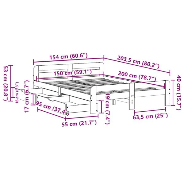 Рамка за легло без матрак, восъчнокафяв, 150x200 см, бор масив