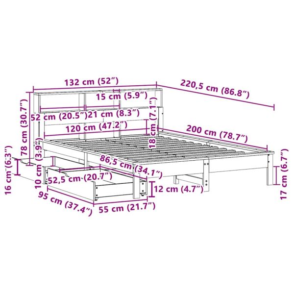 Легло с етажерка за книги, без матрак, 120x200 см, бор масив